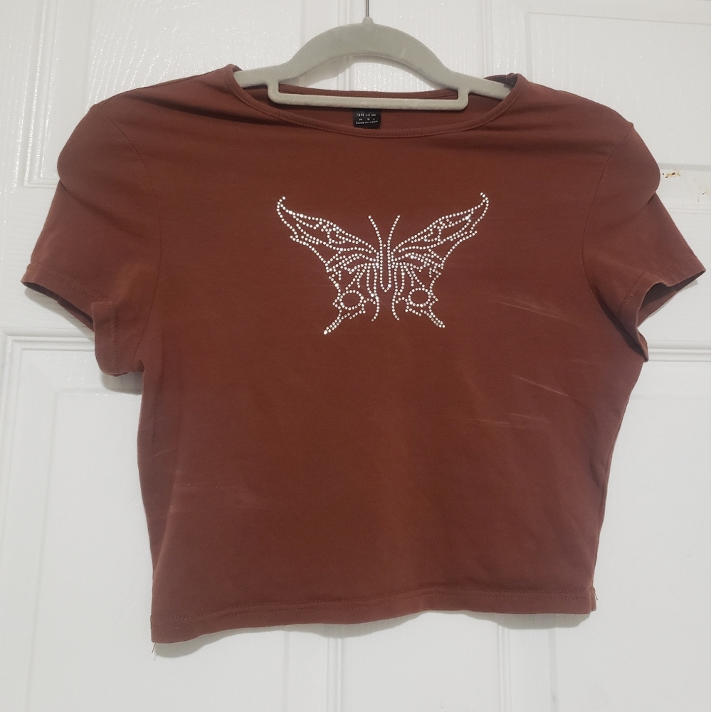 SHEIN Brown Rhinestone Butterfly Tee